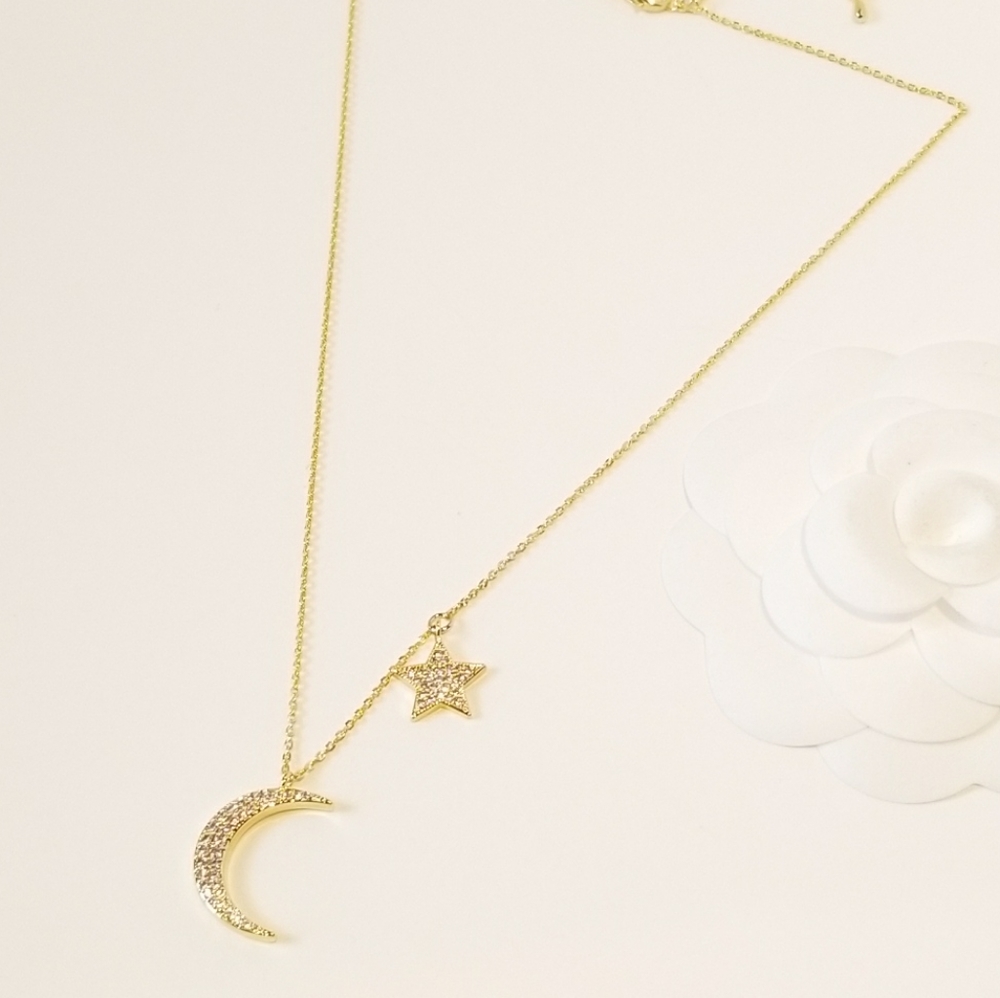 Bling Pave CZ Moon and Star Pendant Necklace NEW - Picture 2 of 7